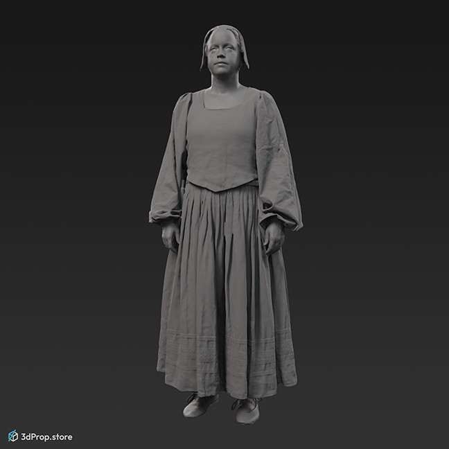3D scan of a standing woman in a linen clothing, that was typical in the 1600s Europe among low class women.