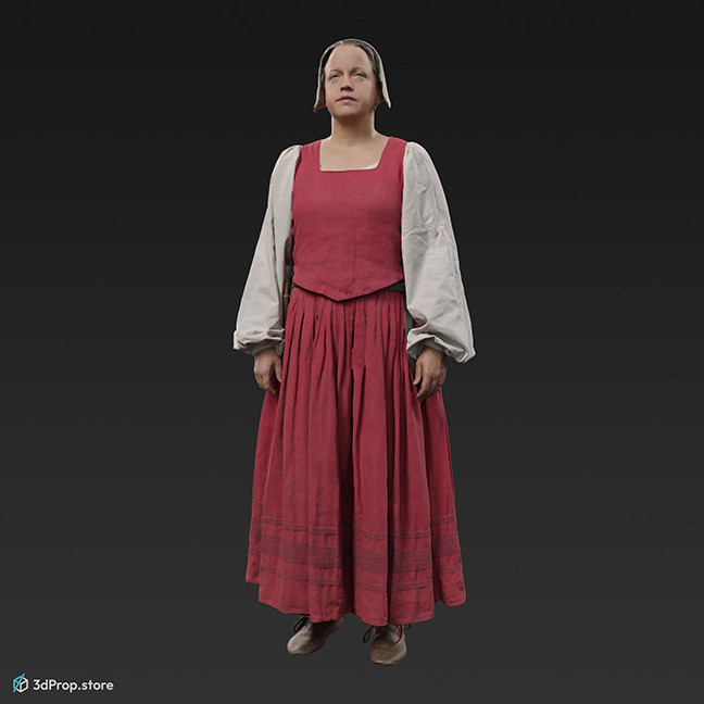 3D scan of a standing woman in a linen clothing, that was typical in the 1600s Europe among low class women.
