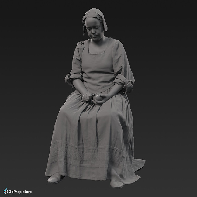 3D scan of a sitting woman in a linen clothing, that was typical in the 1600s Europe among low class women.