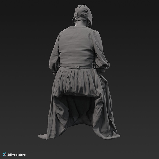 3D scan of a sitting woman in a linen clothing, that was typical in the 1600s Europe among low class women.
