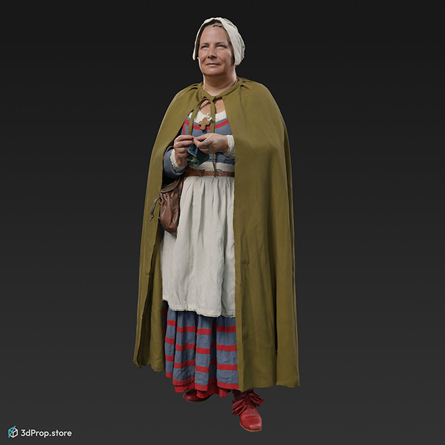 3D scan of a standing woman in a linen clothing with cloak. Her costume is typical of the 1650s Europe among low class women.