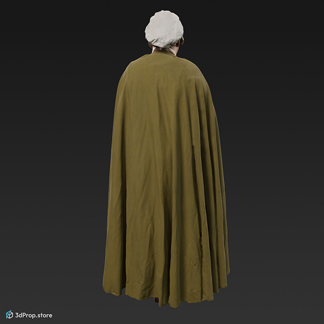 3D scan of a standing woman in a linen clothing with cloak. Her costume is typical of the 1650s Europe among low class women.