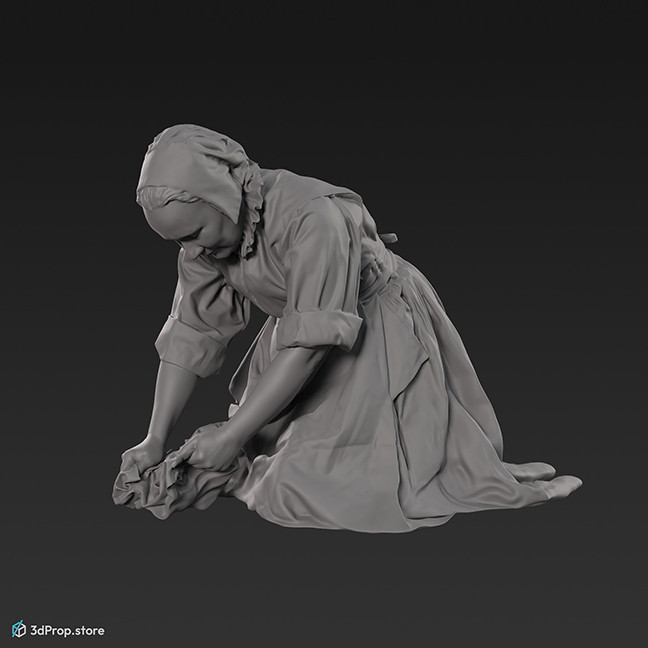 3D scan of a woman scrubbing the floor in a linen clothing. Her costume is typical of the 1650s Netherlands servants.