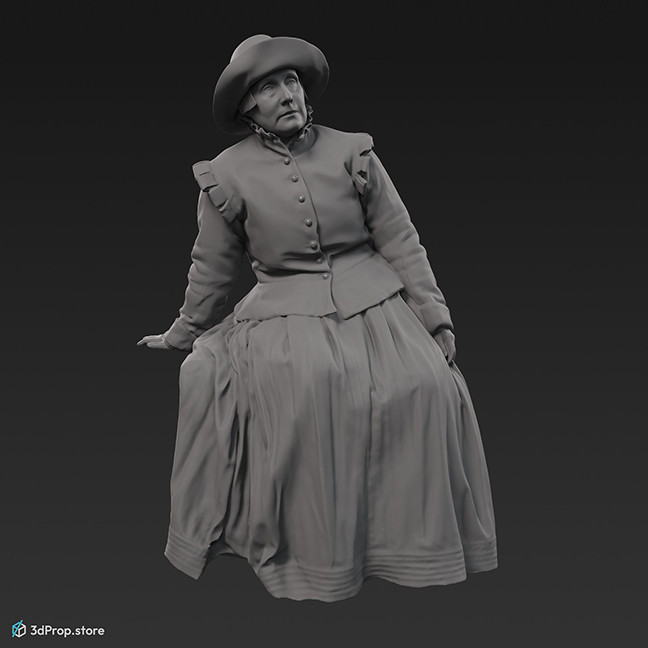 3D scan of a woman sitting. Her costume is typical of low class women from the 1650s Netherlands.