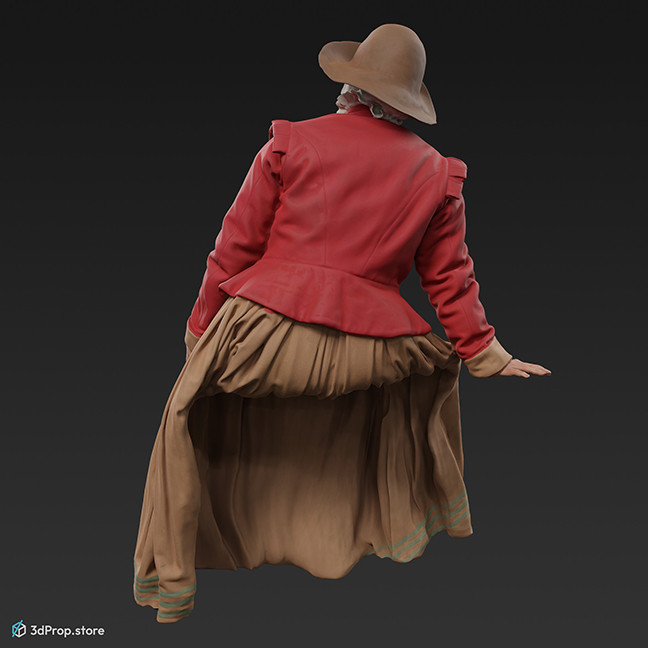 3D scan of a woman sitting. Her costume is typical of low class women from the 1650s Netherlands.