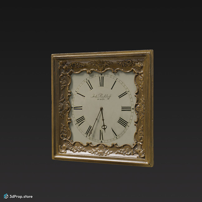 3D scan of a decorative wall clock with a golden frame from 1900s Europe.
