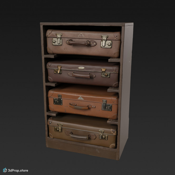 3D scan of an antique, single-sized suitcase holder cabinet with four storage spaces, made of brown wood, from 1900, Europe.