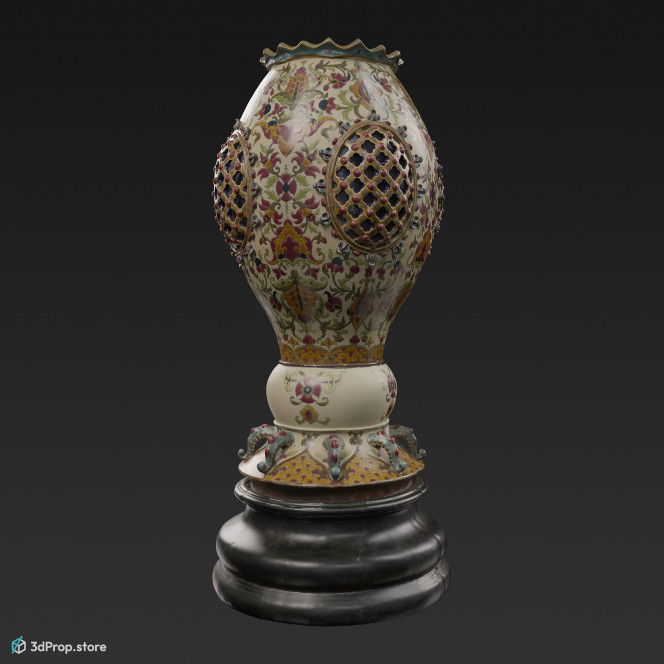 3D scan of a large, oval porcelain vase with red flower and green leaf motifs on a white ground, a jagged edge and pierced decoration on four parts, from 1900, Europe.