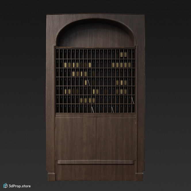 3D scan of an old-fashioned, dark brown, wooden reception key shelf, with lots of small shelves for keys and documents at the top half, and a storage area with a door at the bottom half of the cabinet, from 1900,  Europe.