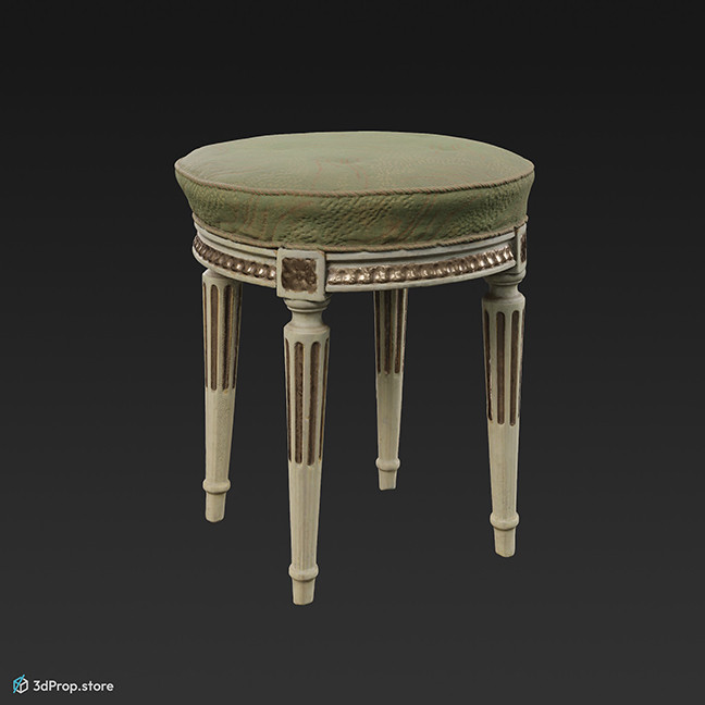 3D scan of a white and light green dressing table stool with decorated wooden legs, from the turn of the 20th century.