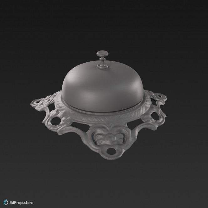 3D scan of a metal alloy table bell in gold-plated colour with decorated top and legs with complex patterns, from 1900, Europe.