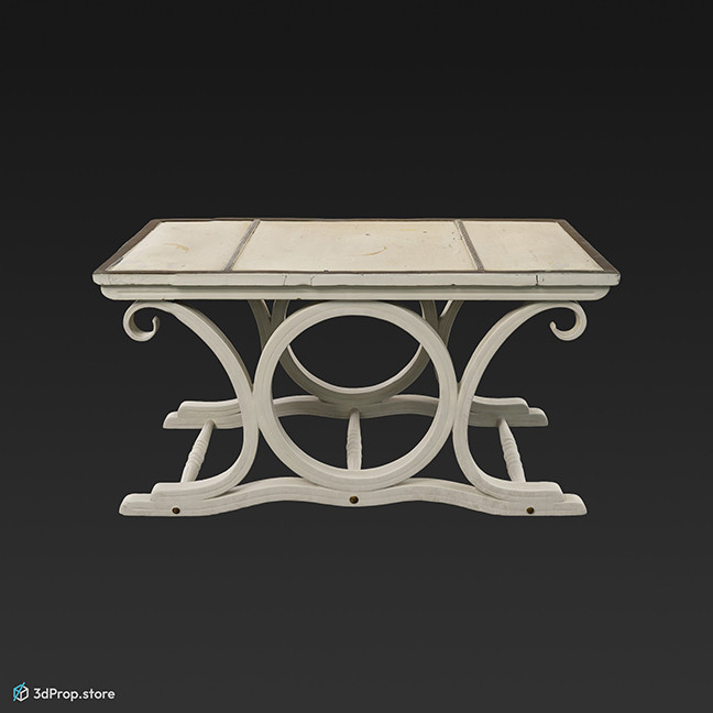 3D scan of a white, designed, wooden room bench, from the turn of the 20th century.