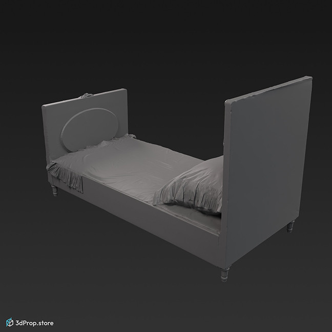 3D scan of a white wooden bed decorated with picture inlays, from the turn of the 20th century.