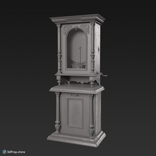 3D scan of a beautiful brown wooden jukebox with thin carved columns and patterned wooden inlays, from 1900, Europe.