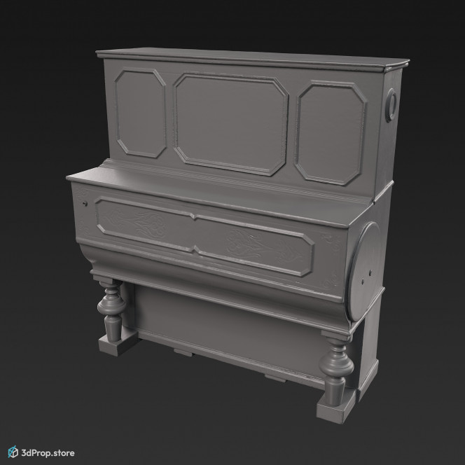 3D scan of a piano in beautiful condition, in deep green wood with green patterned top and bottom panels and a fallboard with a detailed yellow pattern, from 1900, Europe.