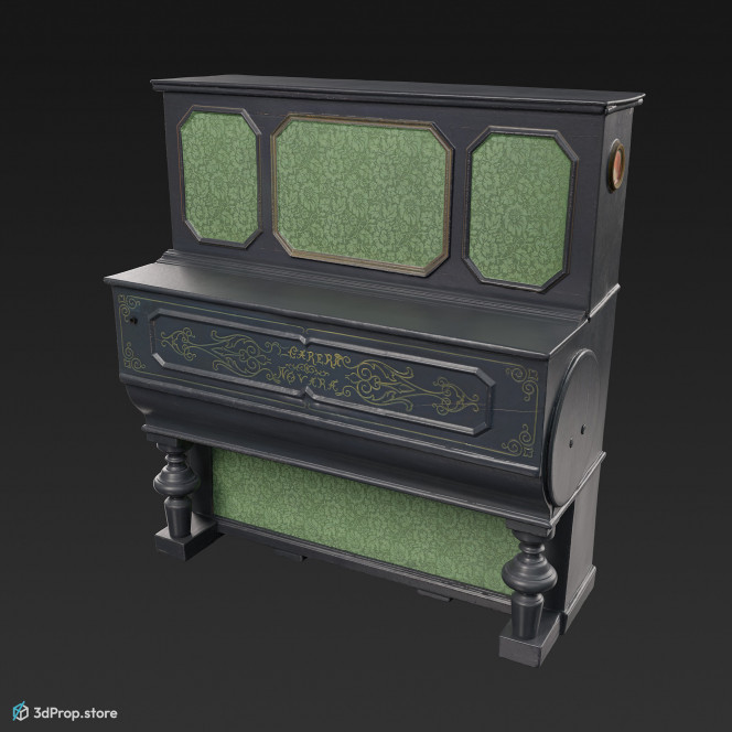 3D scan of a piano in beautiful condition, in deep green wood with green patterned top and bottom panels and a fallboard with a detailed yellow pattern, from 1900, Europe.