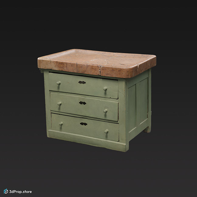 3D scan of a green pastry workbenc with marble top.