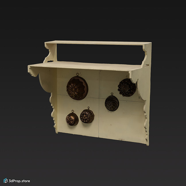3D scan of a kitchen shelf with baking forms hanging on it.