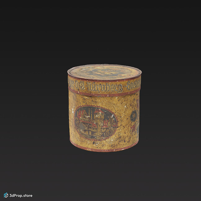 3D scan of a tin cocoa box with worn, faded illustrations.