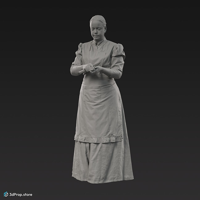 This is a 3D model, (3D scanned) of a woman standing and peeling a vegetable, wearing a clothing typical of a kitchen maid from the early 20th century.