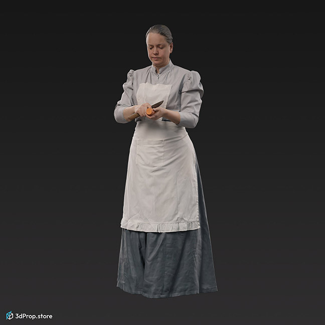 This is a 3D model, (3D scanned) of a woman standing and peeling a vegetable, wearing a clothing typical of a kitchen maid from the early 20th century.