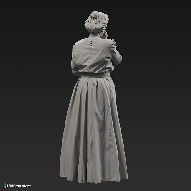 3D scan of an elegant woman in a white-pink dress that suits early 1900s fashion for upper.