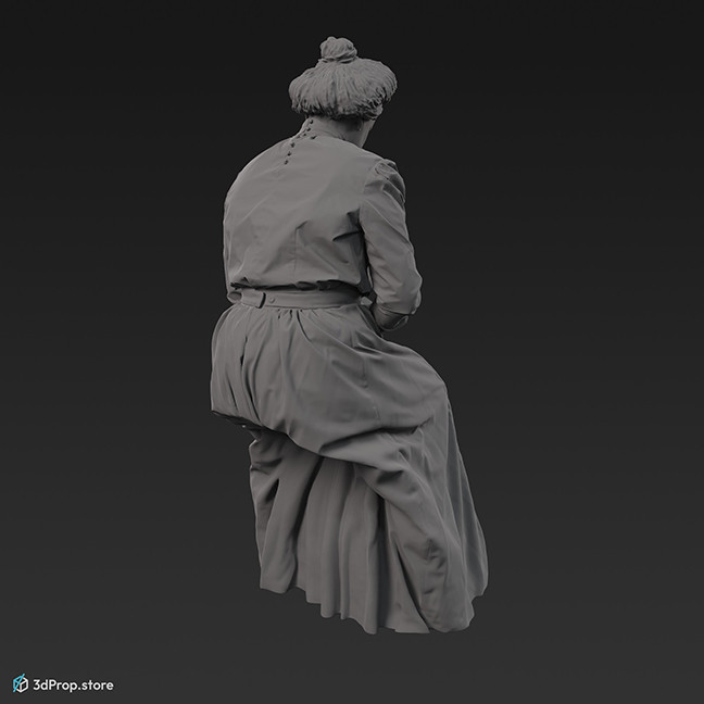 3D scan of an elegant city lady from the turn of the 20th century, wearing a pink cotton dress and lace gloves while sitting and reading.