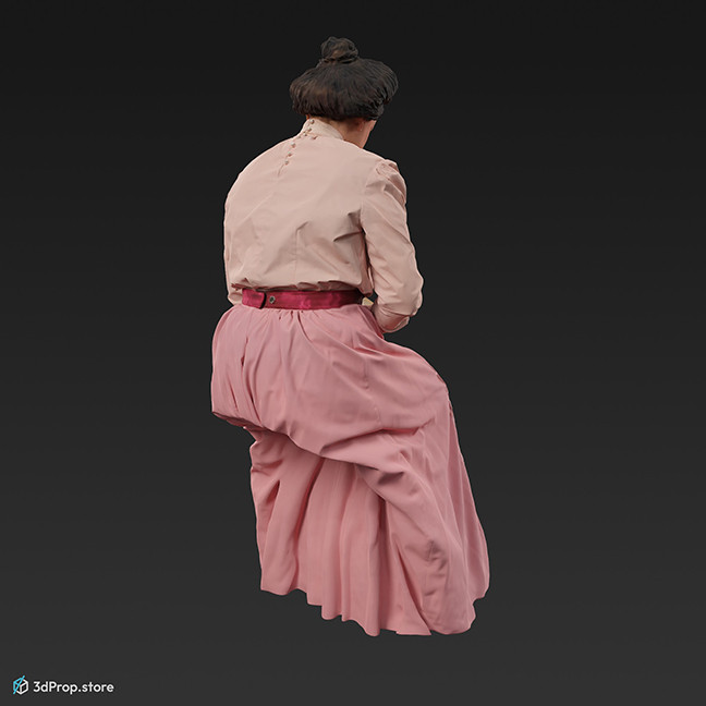 3D scan of an elegant city lady from the turn of the 20th century, wearing a pink cotton dress and lace gloves while sitting and reading.