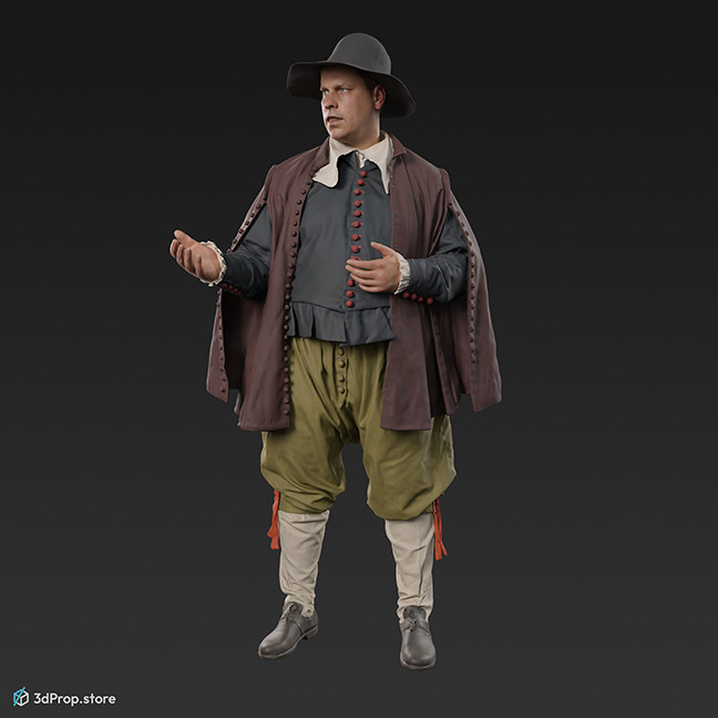 3D scan of a man standing and gesturing. His costume is typical of middle class men from the 1600s Netherlands.