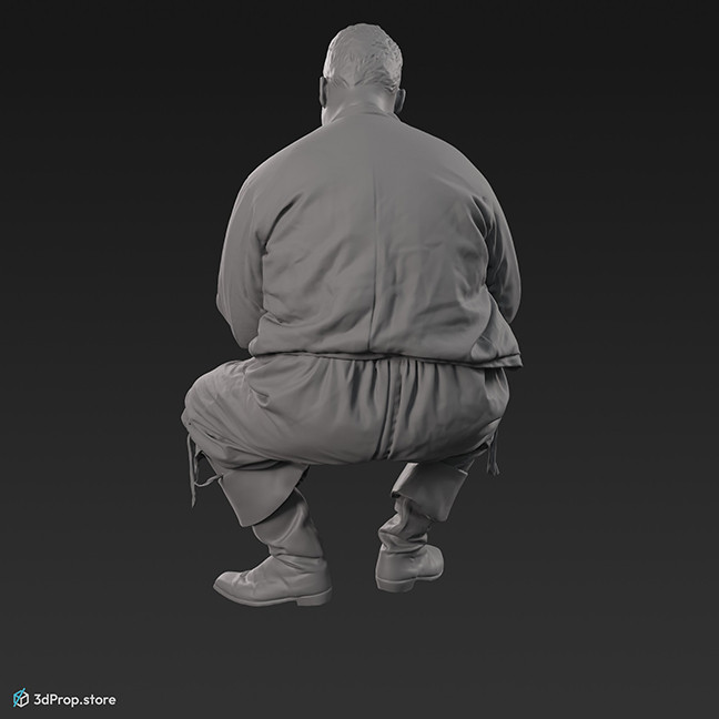 3D scan of a man sitting buttoning his coat sleeve. His costume is typical of middle class men from the 1600s Netherlands.