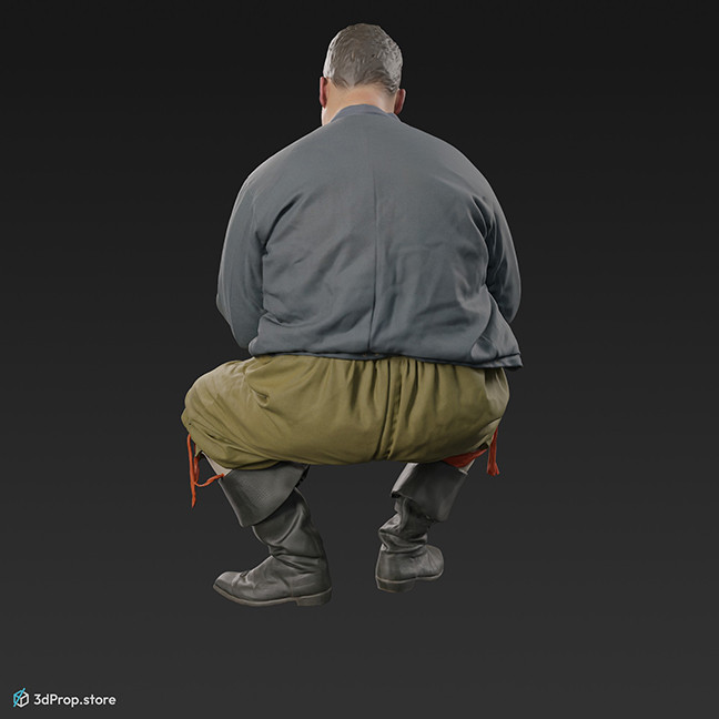 3D scan of a man sitting buttoning his coat sleeve. His costume is typical of middle class men from the 1600s Netherlands.