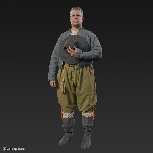3D scan of a man standing, holding his hat. His costume is typical of middle class men from the 1600s Netherlands.