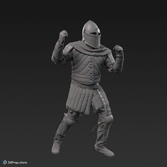This is a 3D model, (3D scanned) of a medieval upper-class soldier in an attacking pose, hands empty.