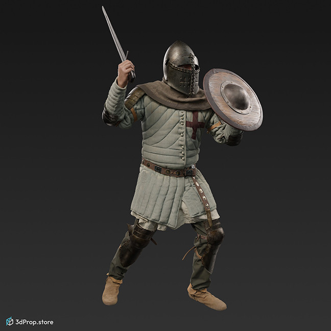 This is a 3D model, (3D scanned) of a medieval upper-class soldier in an attacking pose, hands empty.