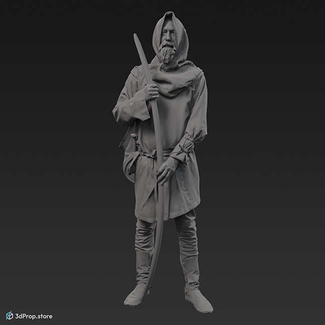 This is a 3D model, (3D scanned) of a middle-class citizen standing with a bow in his hands. He wears clothes typical in the Middle Ages.