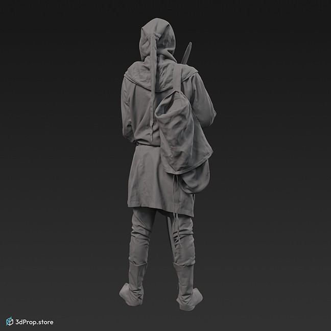 This is a 3D model, (3D scanned) of a middle-class citizen standing with a bow in his hands. He wears clothes typical in the Middle Ages.