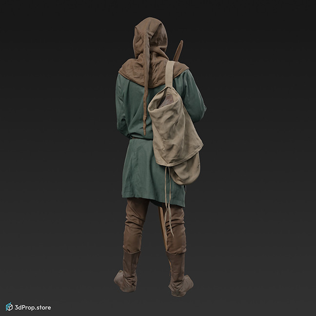 This is a 3D model, (3D scanned) of a middle-class citizen standing with a bow in his hands. He wears clothes typical in the Middle Ages.