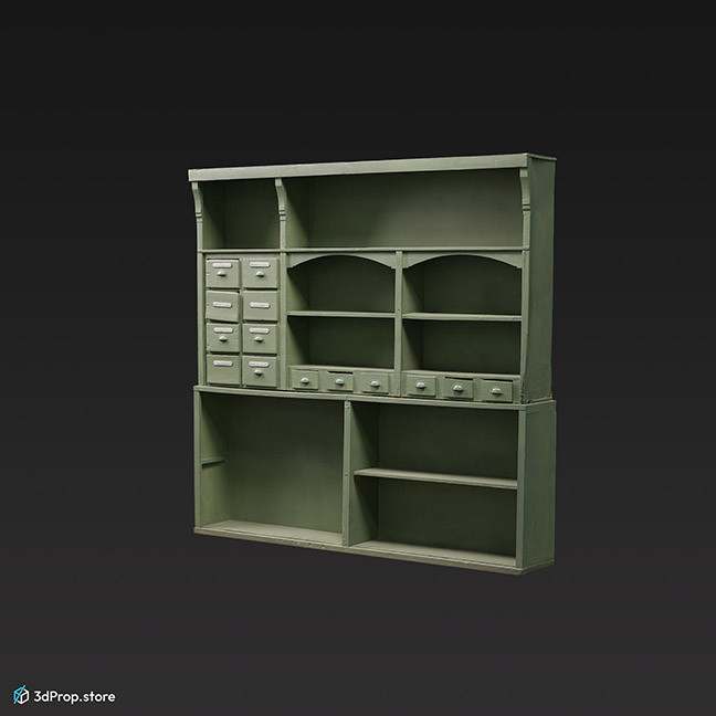 3d scan of a green cupboard, shelf system from the 1900s Europe