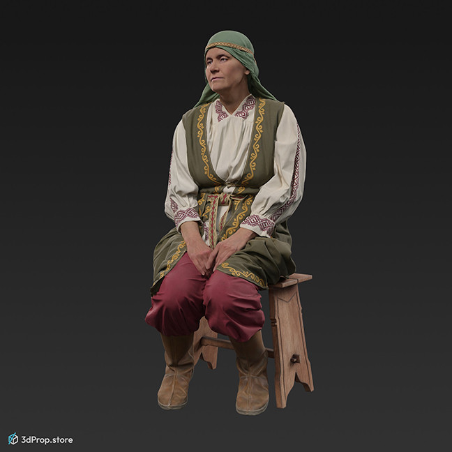 3D scan of a sitting woman from the 1000s, Europe, Middle Ages.