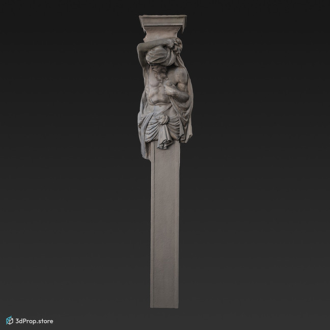 A photogrammetry recorded 3D model of a stone column with a statue.