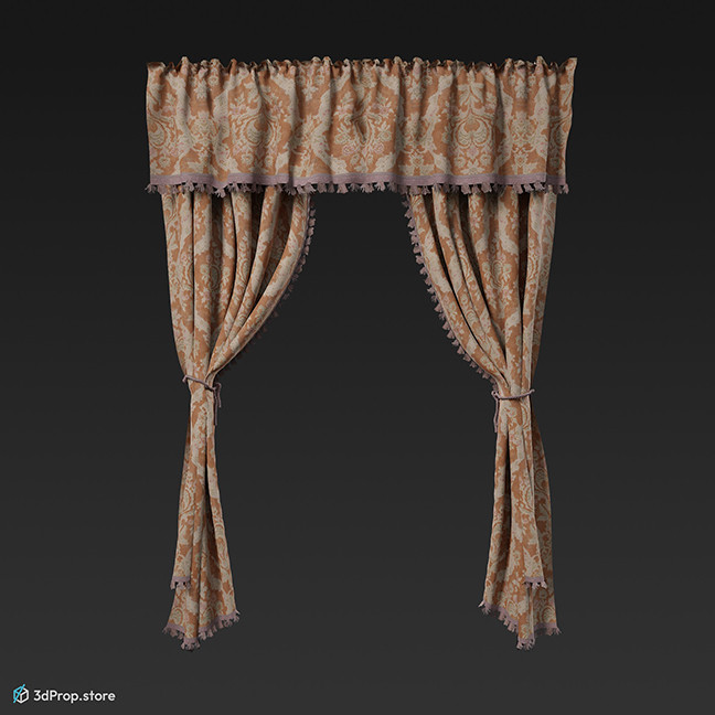3D scan of a burgundy and beige darkening curtain from 1900, Europe.