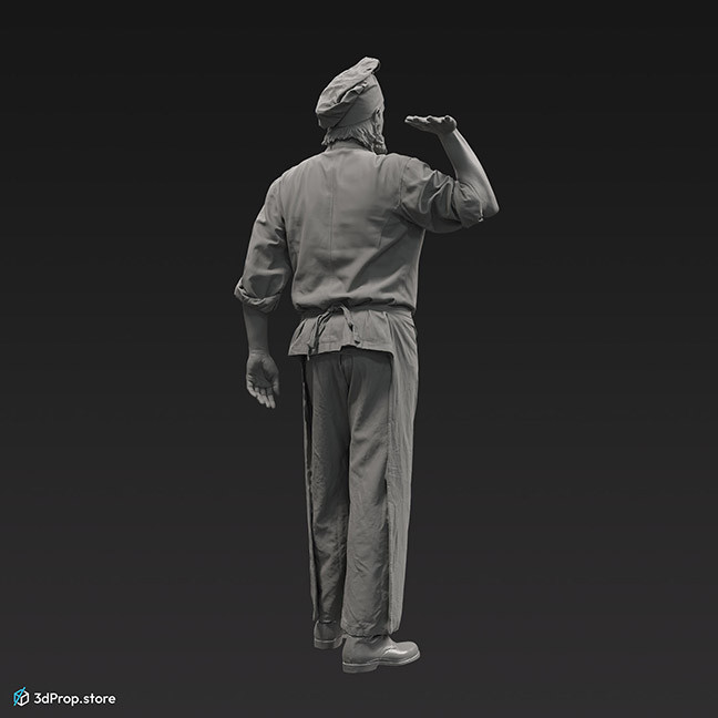 3D scan of a man in kitchen uniform, holding something above in one hand.