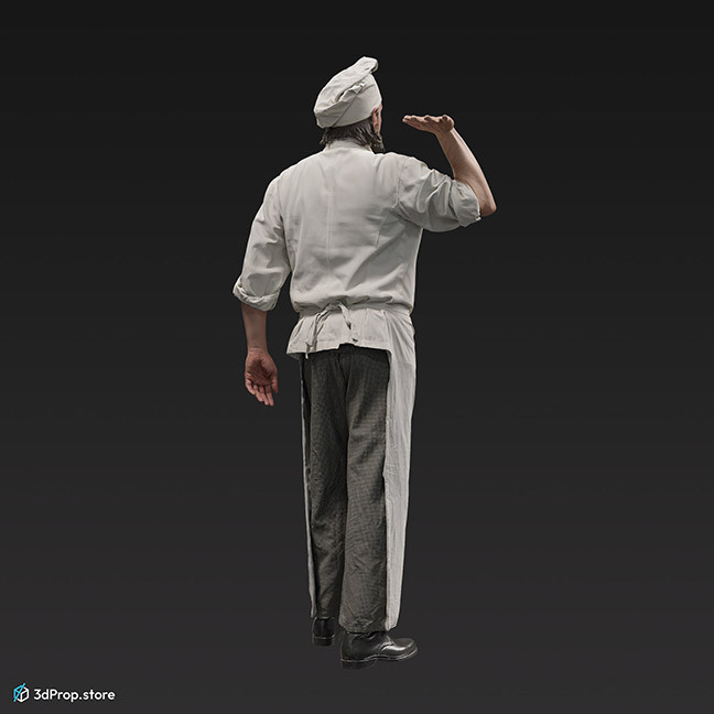 3D scan of a man in kitchen uniform, holding something above in one hand.