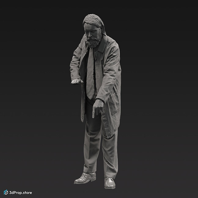 3d scan of a man in a long white overcoat, leaning over and pointing at somethging.