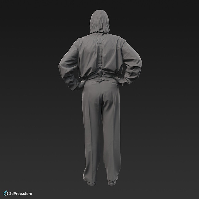 3D scan of a middle class man standing with hands on hips, wearing elegant trousers with suspenders, shirt and tie. Costume originates from 1930s, Europe.