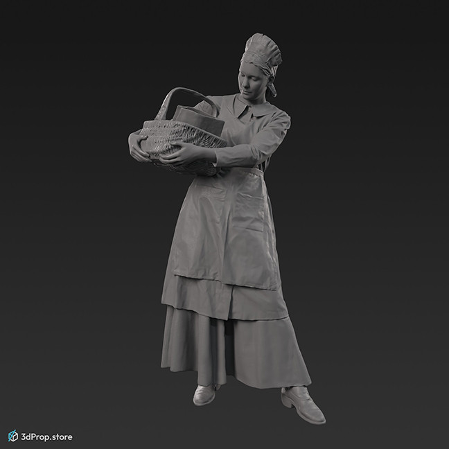 3D scan of a 1900s kitchen maid in a standing pose holding a basket in her arm.