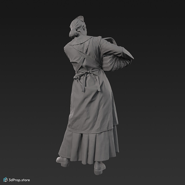 3D scan of a 1900s kitchen maid in a standing pose holding a basket in her arm.