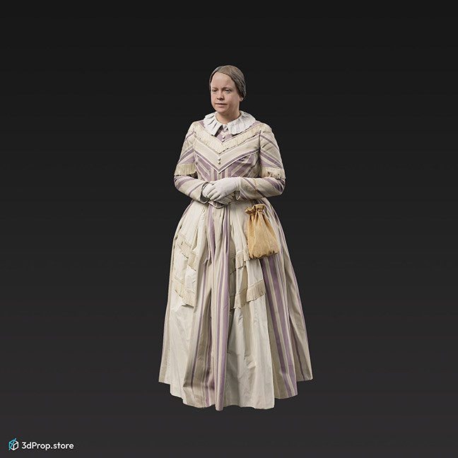 3d scan of an elegan walking woman in clothes representing 1840s upper middle class fashion from Europe