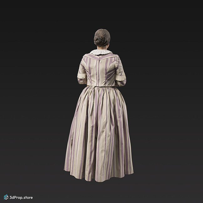 3d scan of an elegan walking woman in clothes representing 1840s upper middle class fashion from Europe