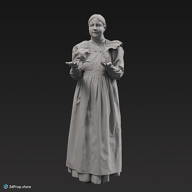 3D scan of a standing, middle-aged maid, wearing a white apron and a grey long-sleeved dress underneath, and she is holding a silver serving tray, from the 1910s, Europe. 
Probably a noble family's maid.